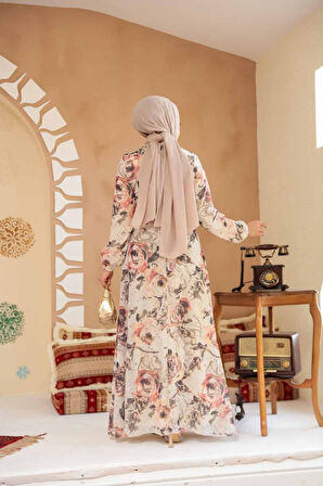 Çiçek Desenli Bej Tesettür Elbise 27992BEJ