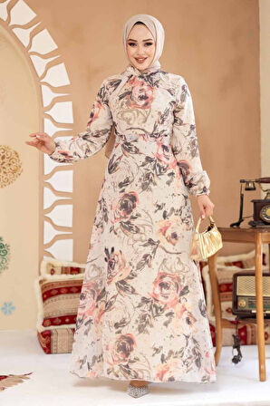 Çiçek Desenli Bej Tesettür Elbise 27992BEJ