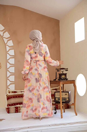 Çiçek Desenli Bej Tesettür Elbise 27997BEJ