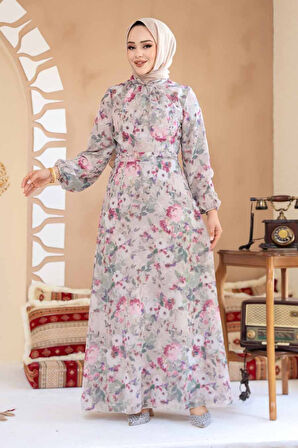 Çiçek Desenli Vizon Tesettür Elbise 27998V