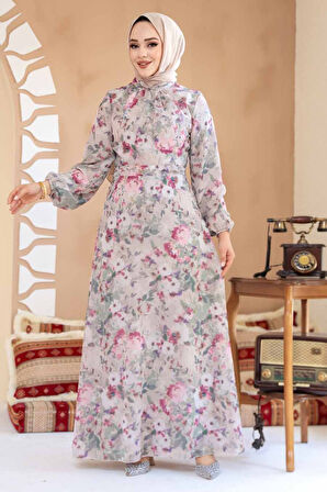 Çiçek Desenli Vizon Tesettür Elbise 27998V