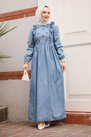 Kiraz Desenli Koyu Mavi Tesettür Kot Elbise 19146KM