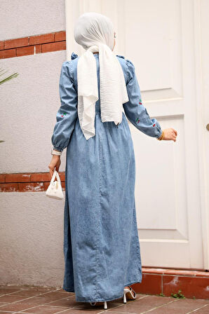 Kiraz Desenli Koyu Mavi Tesettür Kot Elbise 19146KM