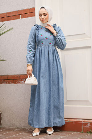 Kiraz Desenli Koyu Mavi Tesettür Kot Elbise 19146KM