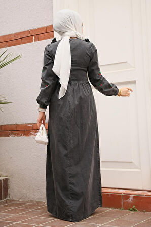 Kiraz Desenli Antrasit Tesettür Kot Elbise 19146ANT