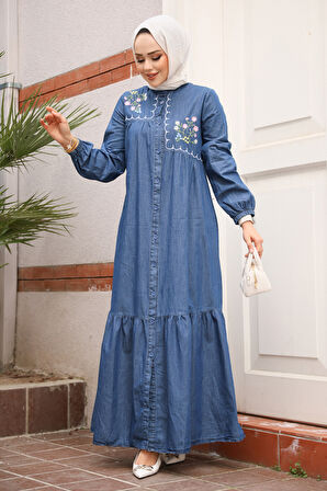 Düğmeli Koyu Mavi Tesettür Kot Elbise 19147KM