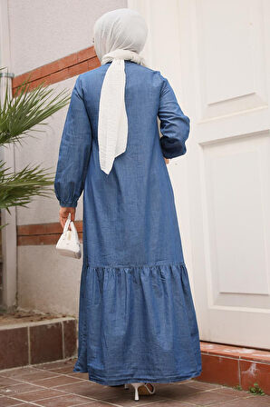 Düğmeli Koyu Mavi Tesettür Kot Elbise 19147KM