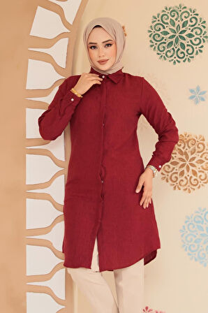 Düğmeli Bordo Tesettür Tunik 11734BR