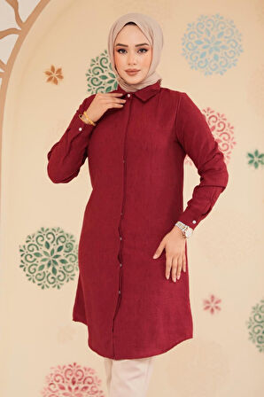 Düğmeli Bordo Tesettür Tunik 11734BR