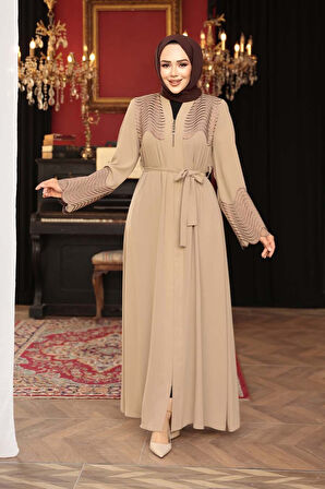 Boncuk Detaylı Bej Tesettür Abaya 29105BEJ