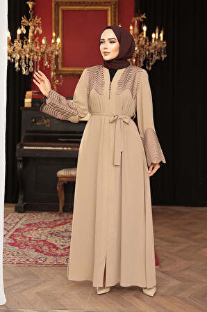Boncuk Detaylı Bej Tesettür Abaya 29105BEJ