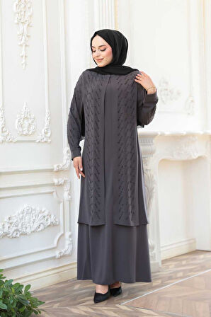 Boncuk İşlemeli Füme Tesettür Abaya 29120FU