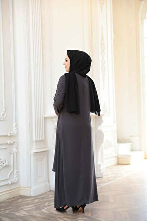 Boncuk İşlemeli Füme Tesettür Abaya 29120FU