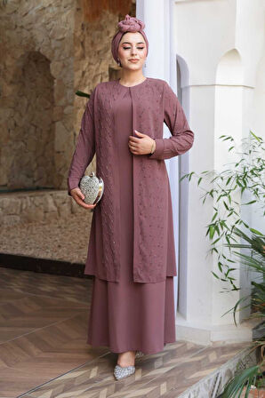 Boncuk İşlemeli Gül Kurusu Tesettür Abaya 29120GK