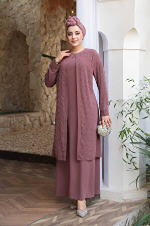 Boncuk İşlemeli Gül Kurusu Tesettür Abaya 29120GK