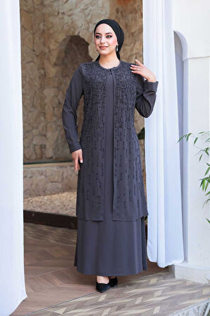 Boncuk İşlemeli Füme Tesettür Abaya 29119FU