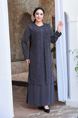 Boncuk İşlemeli Füme Tesettür Abaya 29119FU