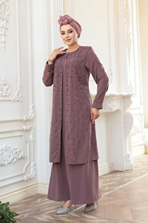 Boncuk İşlemeli Gül Kurusu Tesettür Abaya 29119GK