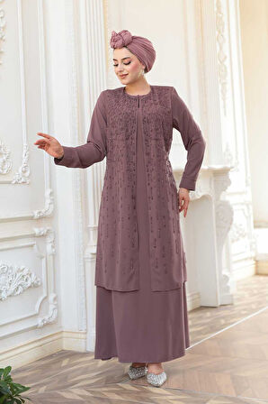 Boncuk İşlemeli Gül Kurusu Tesettür Abaya 29119GK