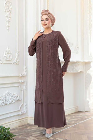 Boncuk İşlemeli Çikolata Tesettür Abaya 29119CK