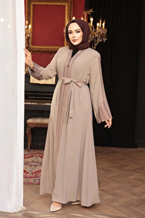 Nakış işlemeli Bej Tesettür Abaya 29114BEJ