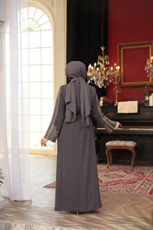 Nakış işlemeli Füme Tesettür Abaya 29114FU