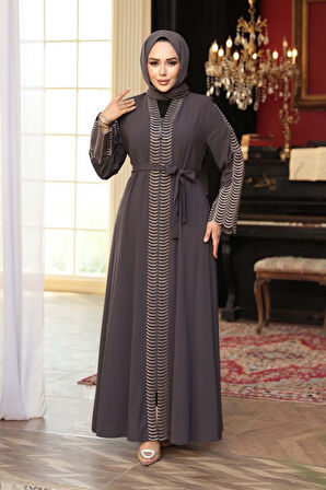 Nakış işlemeli Füme Tesettür Abaya 29114FU