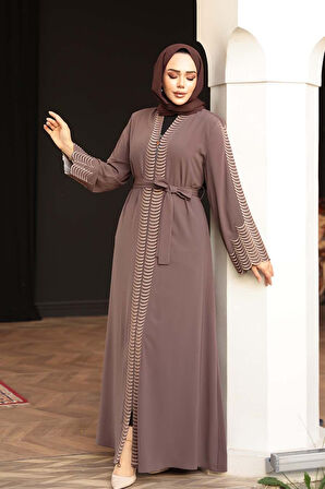 Nakış işlemeli Kahverengi Tesettür Abaya 29114KH