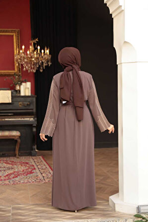 Nakış işlemeli Kahverengi Tesettür Abaya 29114KH