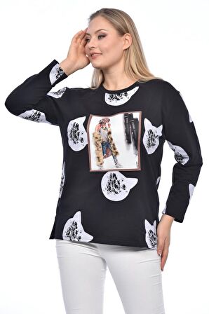 Bisiklet Yaka Aplike ve Kedi Baskılı Siyah Kadın Tişört