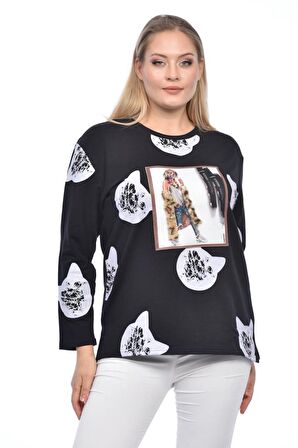 Bisiklet Yaka Aplike ve Kedi Baskılı Siyah Kadın Tişört