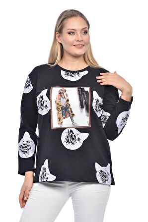 Bisiklet Yaka Aplike ve Kedi Baskılı Siyah Kadın Tişört