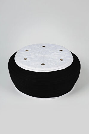 Talebe Sarığı - Siyah Kumaş - Beyaz Takke - Yuvarlak Sarım - Kuş Gözü - 5 metre