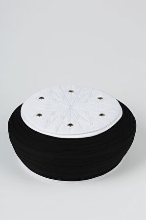 Talebe Sarığı - Siyah Kumaş - Beyaz Takke - Yuvarlak Sarım - Kuş Gözü - 7 metre