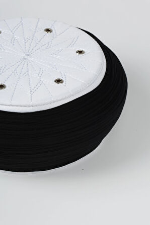 Talebe Sarığı - Siyah Kumaş - Beyaz Takke - Yuvarlak Sarım - Kuş Gözü - 7 metre