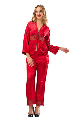 TİSTA Kadın Dantel Detaylı Uzun Kollu Düğmeli Saten Kırmızı Pijama Takımı