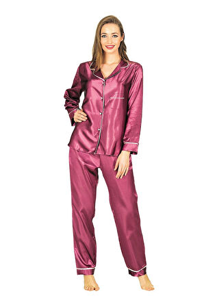 TİSTA Kadın Şeritli Uzun Kollu Düğmeli Çeyizlik Saten Mor Pijama Takımı