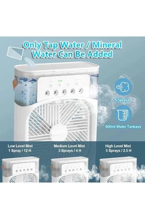 TST-2502CLR Buzlu Fan 600Ml Su Hazneli Su Buharı Püskürtmeli Masaüstü Vantilatör Zaman Ayarlı Serinletici Mini Klima Led Işıklı ve Koku Hazneli