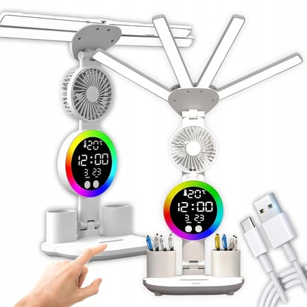 Multifonksiyonel 4 Başlıklı 3 renk ve Ton Ayarlı Masa Lambası Kalemlik Saat Takvim Sıcaklık Göstergesi Rgb Led Işıklı 3 Hız Kademeli Vantilatör Fan Telefon Tutucu