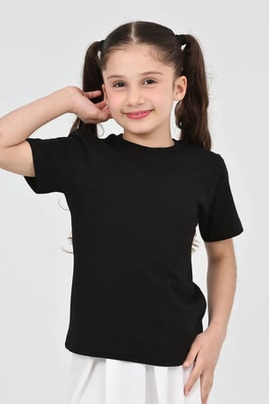 Kız çocuk siyah düz baskısız kısa kol basic casual-okul t-shirt