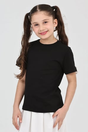 Kız çocuk siyah düz baskısız kısa kol basic casual-okul t-shirt