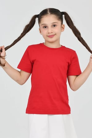 Kız çocuk kırmızı düz baskısız kısa kol basic casual-okul t-shirt