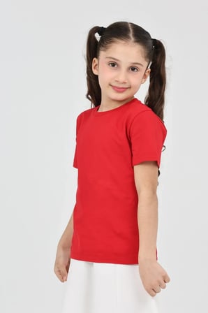Kız çocuk kırmızı düz baskısız kısa kol basic casual-okul t-shirt
