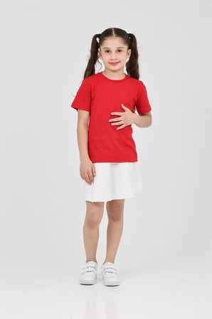 Kız çocuk kırmızı düz baskısız kısa kol basic casual-okul t-shirt