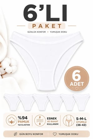 TERMALSET İÇ GİYİM Kadın Beyaz 6'lı Paket Pamuklu Bikini Külot Likralı Kumaş (S-M-L) Uyumlu