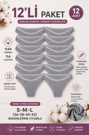 TERMALSET İÇ GİYİM Kadın Gri 12'li Paket Pamuklu Bikini Külot Likralı Kumaş (S-M-L) Uyumlu