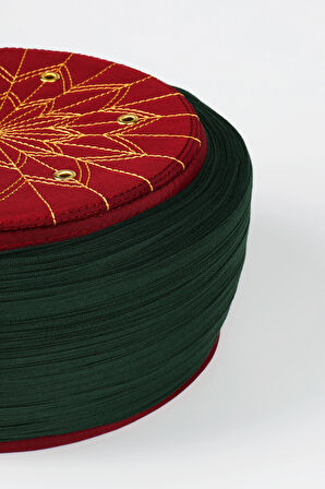 Talebe Sarığı - Yeşil Kumaş - Bordo Takke - Düz Sarım - Kuş Gözü - 5 metre