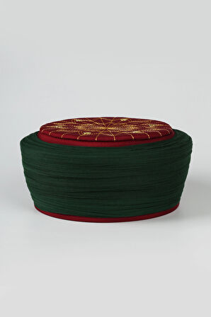 Talebe Sarığı - Yeşil Kumaş - Bordo Takke - Düz Sarım - Kuş Gözü - 7 metre