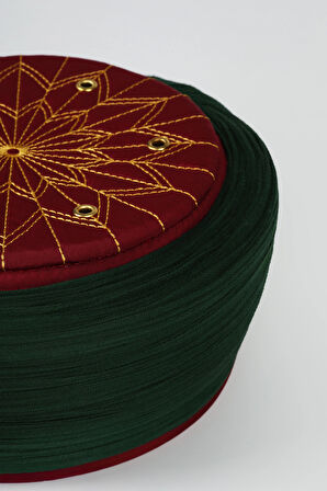 Talebe Sarığı - Yeşil Kumaş - Bordo Takke - Düz Sarım - Kuş Gözü - 7 metre