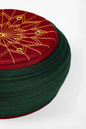 Talebe Sarığı - Yeşil Kumaş - Bordo Takke - Yuvarlak Sarım - Kuş Gözü - 5 metre